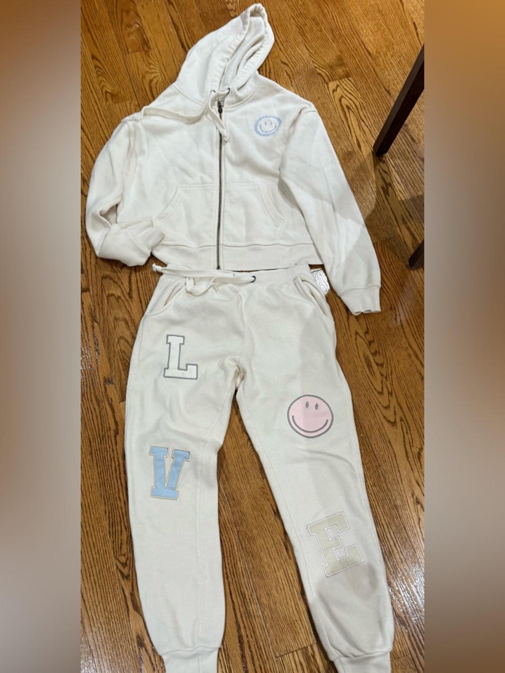 Vintage Cream adult Sweatpants with Pastel Pink & Blue Patches so cute